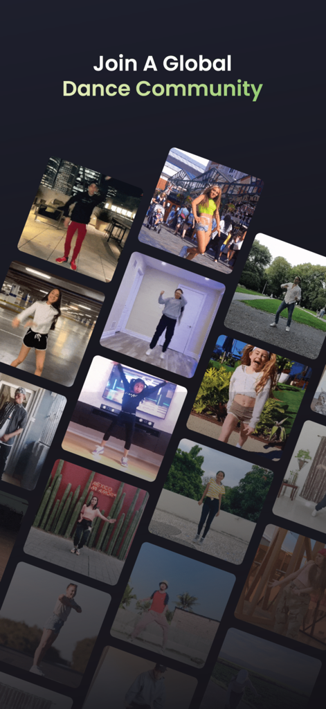 DNCR - A collage showing a diverse grid of people dancing in various settings under the text Join A Global Dance Community