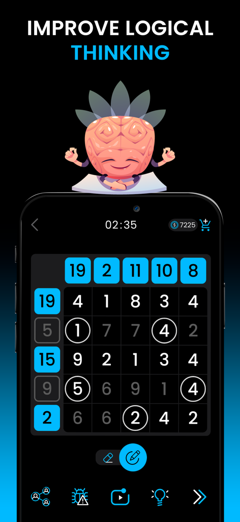 Math Master Cross Math IQ TEST - Math Master game interface showing a logic puzzle with numbers and a meditating brain character.