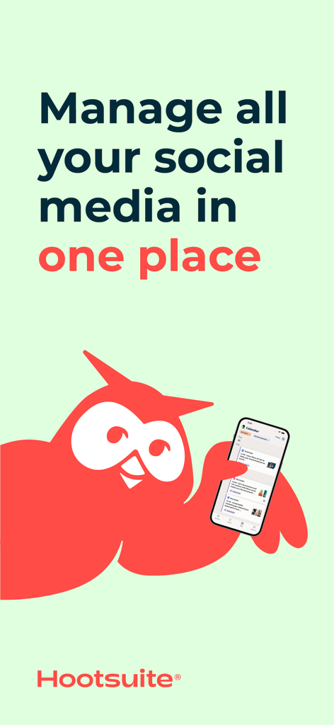 Hootsuiteのフクロウのマスコットが、ソーシャルメディアのコンテンツカレンダーを表示するスマートフォンを持っている