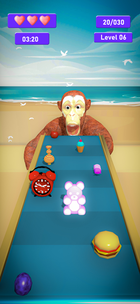 Gorilla Mukbang! ASMR Eating - A gorilla character at a beach waiting for food items to arrive on a conveyor belt in a mobile game level.