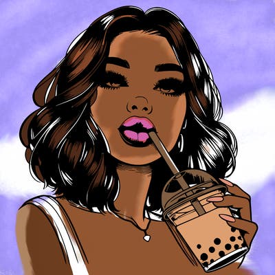 realistic girl with glossy lips holding boba
