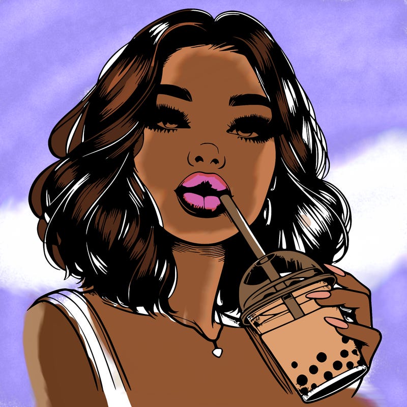 realistic girl with glossy lips holding boba
