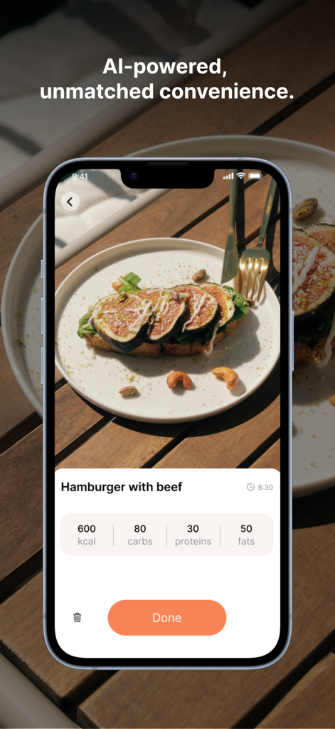 CaloPal - AI Calorie Tracker - Interfaz de la aplicación móvil CaloPal que muestra el reconocimiento de comidas con IA con recuento de calorías y macros a partir de una foto.