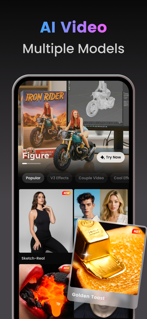 AI Video Generator & Photo AI - Mobile app interface for AI video generation featuring multiple creative models and figurine styles