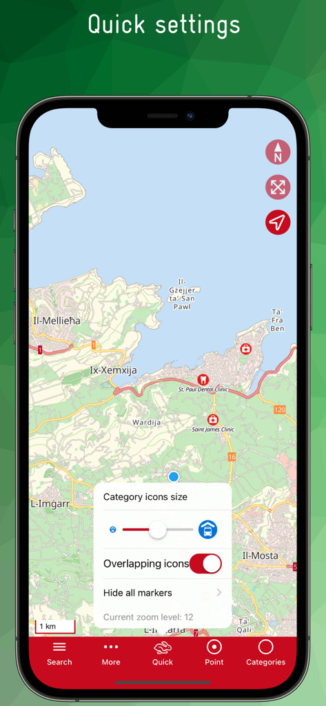 Quick settings interface of the Malta and Gozo offline map app showing icon customization options over a detailed map