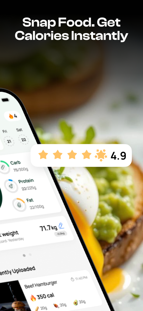 Dietfit AI app interface showing instant calorie tracking and macro breakdown from a food photo.