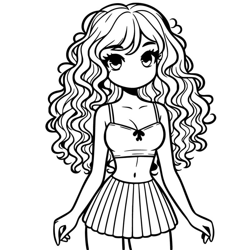 crop top girl with very short skirt and curly long hair