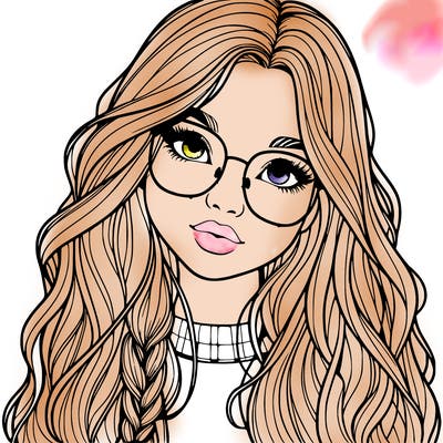 girl with long hair and freckles and glasses realistic