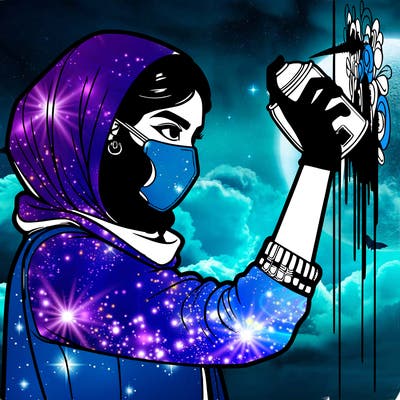 realistic girl with mask spray painting a wall