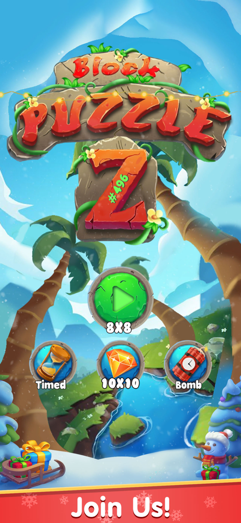 Block Puzzle Z Classic 1010 - Main menu of Block Puzzle Z game showing gameplay mode options like 8x8, 10x10, timed, and bomb modes