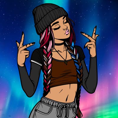 realistic teenage girl with braids and a beanie and crop top doing 🫶🏼