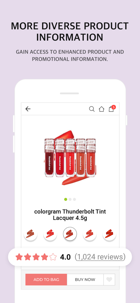 Screenshot der mobilen App, der Produktinformationen und Bewertungen für einen K-Beauty-Lippentint auf OLIVEYOUNG GLOBAL anzeigt