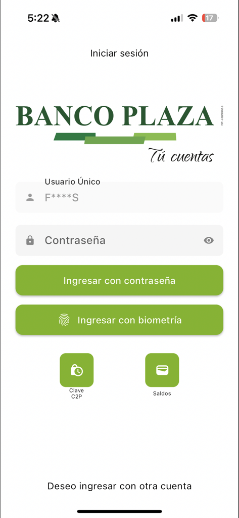 Banco Plaza App - Login screen of the Banco Plaza mobile app showing fields for username and password with options for biometric entry and balance checks