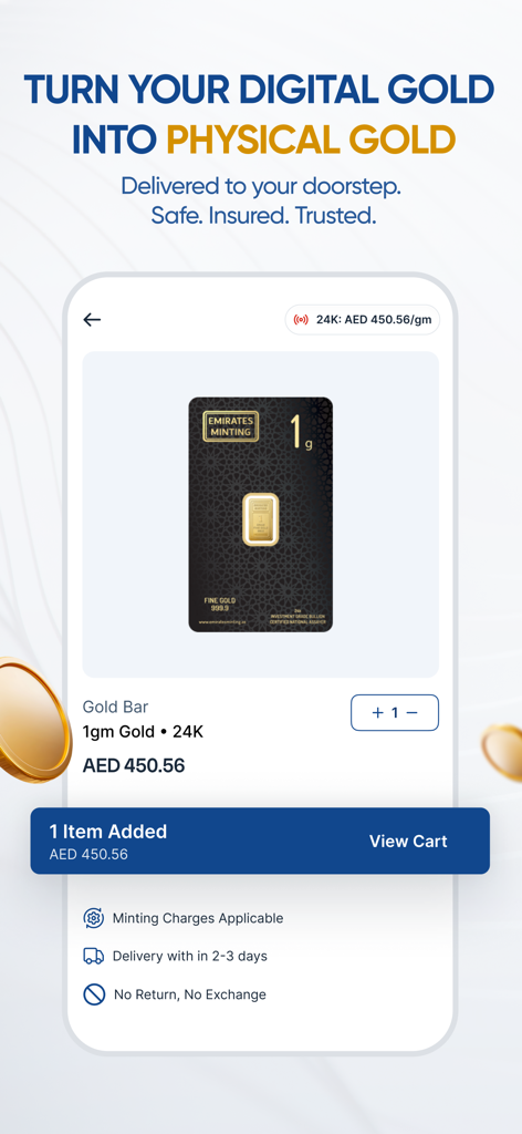 Mobile app interface for redeeming digital gold into a physical 1g 24K gold bar