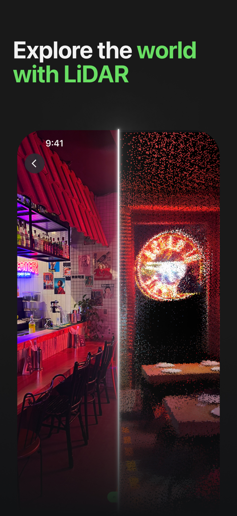MagiScan app interface showing a side by side comparison of a real room and its LiDAR 3D point cloud model