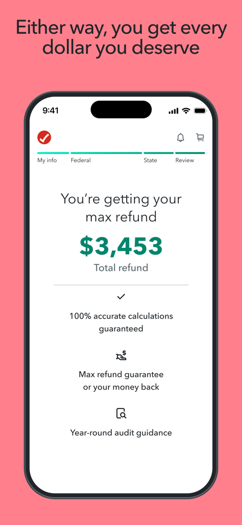 TurboTax mobile app screen displaying a 3453 dollar total tax refund with accuracy and audit guarantees