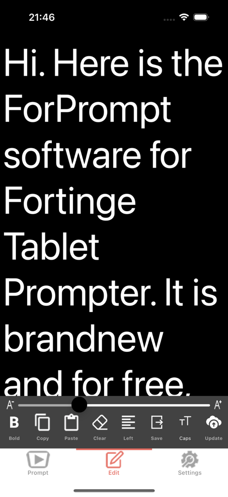 ForPrompt Mobile - Interface of the ForPrompt Mobile app showing a script editor with text formatting tools and font size adjustment