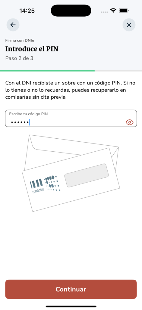 Captura de pantalla de la app Autofirma mostrando la pantalla de entrada del PIN para la firma electrónica del DNIe español con una ilustración de un sobre oficial de PIN