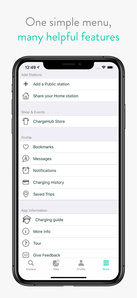 L'écran du menu de l'application ChargeHub affiche des fonctionnalités telles que les favoris, l'historique de charge et les trajets enregistrés.
