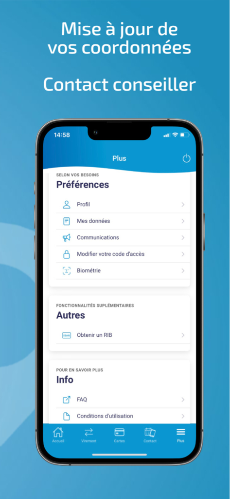BNC Ma Banque - BNC Ma Banque mobile app settings menu showing options for profile preferences and advisor contact