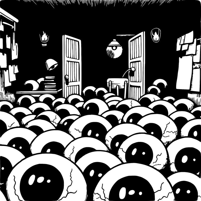 dark room full of eyeballs