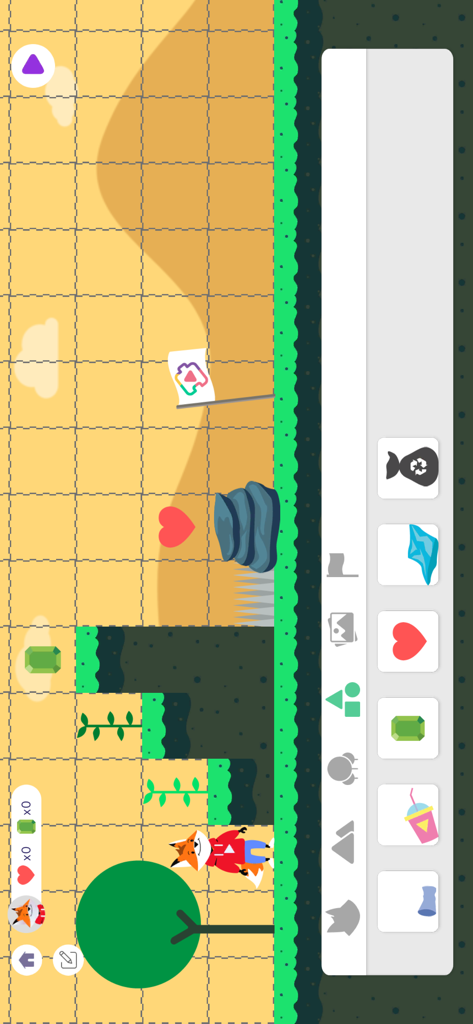 STEM Play - Letramento Digital - Editor de níveis em mosaico no aplicativo STEM Play mostrando um personagem de raposa e ícones de jogos com tema de sustentabilidade, como sacolas de reciclagem.
