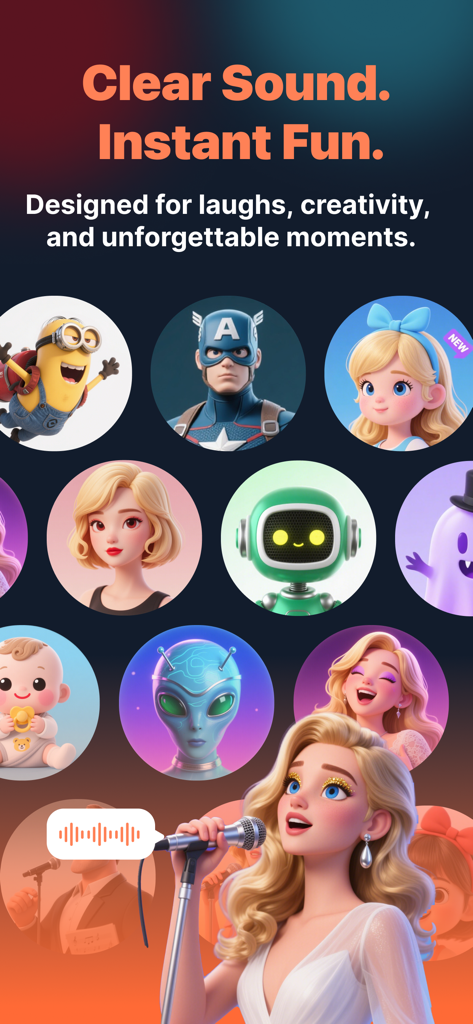 Jolly Prank: Santa & Fun Voice - Interface of the Jolly Prank app showing various voice filter character icons like a robot alien and cartoon characters