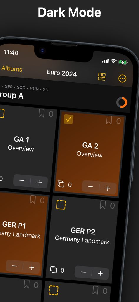 Stickers - Collect & Swap - Une capture d'écran de l'application Stickers affichant une collection d'albums Euro 2024 en mode sombre.