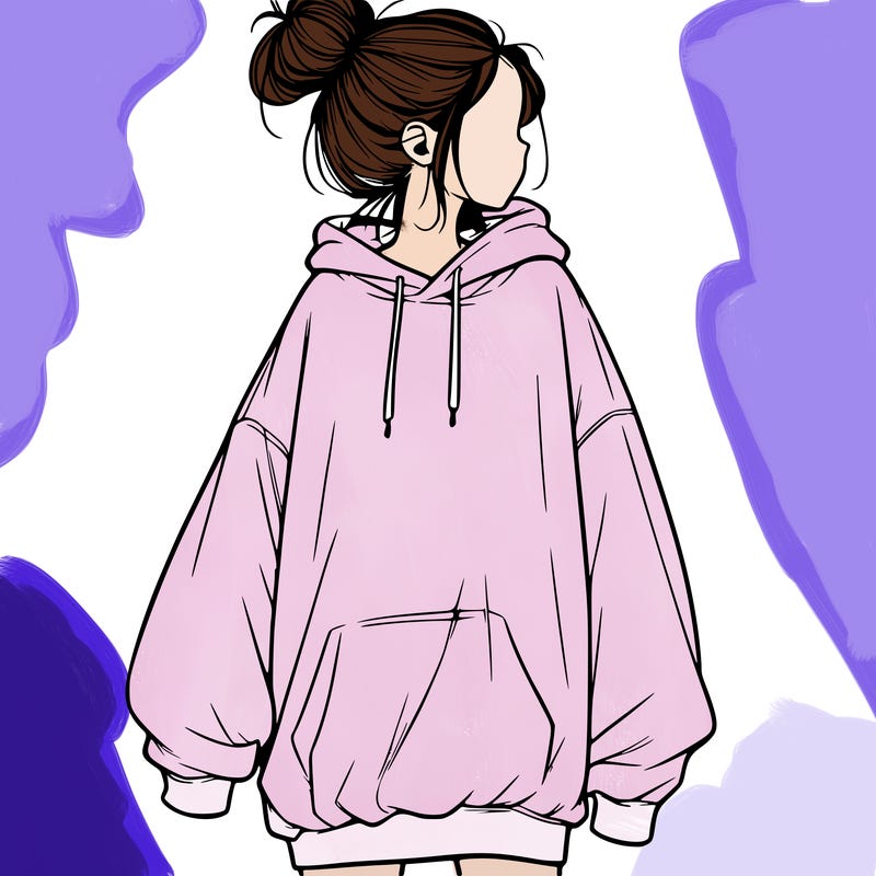 realistic girl with a oversized sweatshirt on and a bun