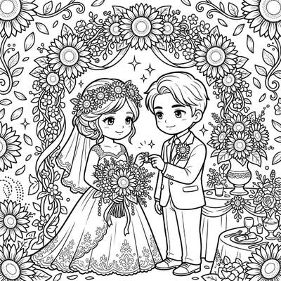 Celebrate a heartwarming sunflower wedding with this charming coloring page designed specifically for teens. Bring to life a sweet chibi couple exchanging vows amidst beautiful floral arches and bouquets.