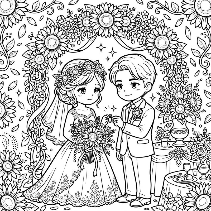 Celebrate a heartwarming sunflower wedding with this charming coloring page designed specifically for teens. Bring to life a sweet chibi couple exchanging vows amidst beautiful floral arches and bouquets.