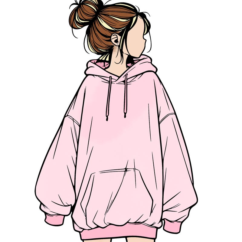 realistic girl with a oversized sweatshirt on and a bun