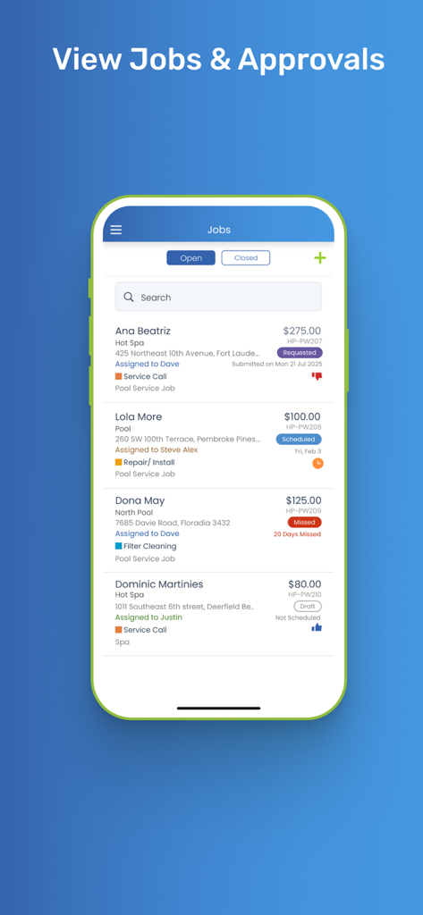 Pool Service Software - A smartphone screen showing the jobs management interface of the Pool Service Software app with a list of service calls and technician assignments.