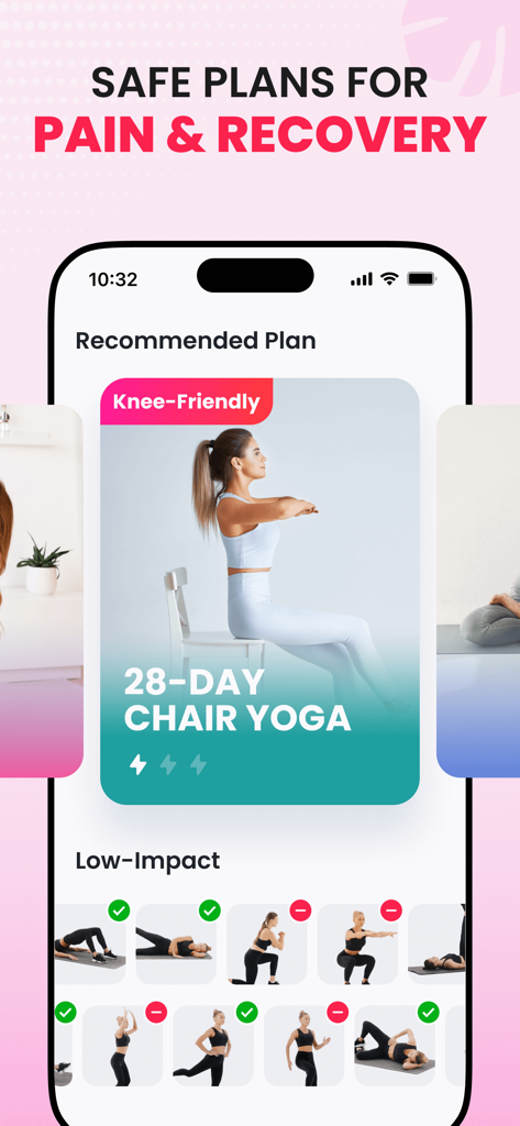 ChillFit: Home Workout Planner - Interfaz de la aplicación ChillFit mostrando un plan de yoga en silla de 28 días para la recuperación del dolor sin dañar las rodillas.