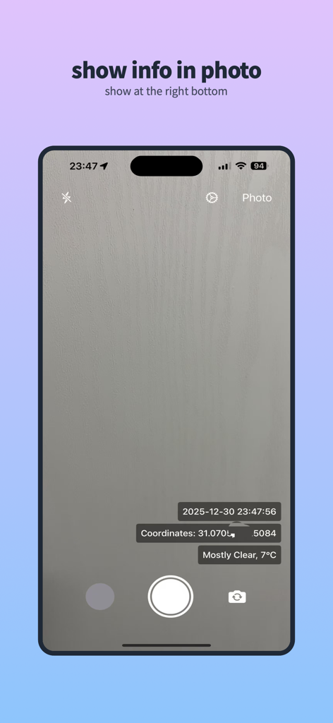 TPW Camera - TPW Camera app interface showing photo with timestamp GPS coordinates and weather information overlays