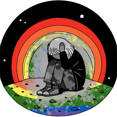 a girl huddled up against the wall on the floor with her hands on her head