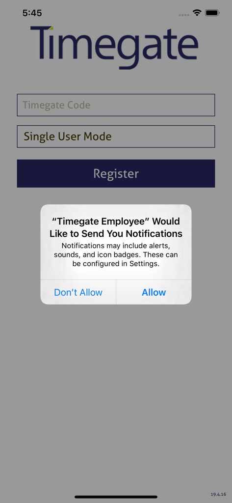 Timegate Employee - Timegate Employee app registration page showing a notification permission prompt