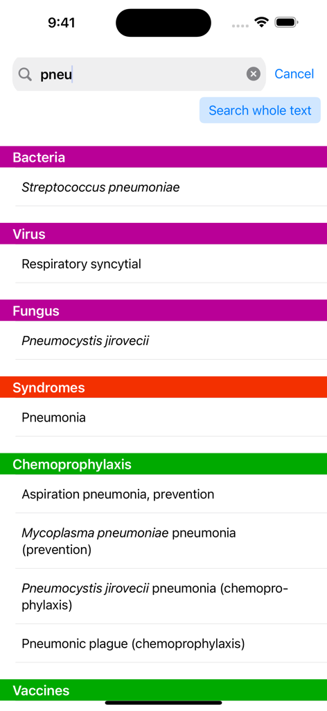 Mensa Guide - Mensa Guide app interface showing search results for pneumonia related pathogens and medical syndromes