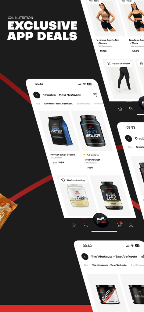 XXL Nutrition - Mobile app interface for XXL Nutrition showing exclusive deals and various fitness supplements like whey protein and pre-workouts