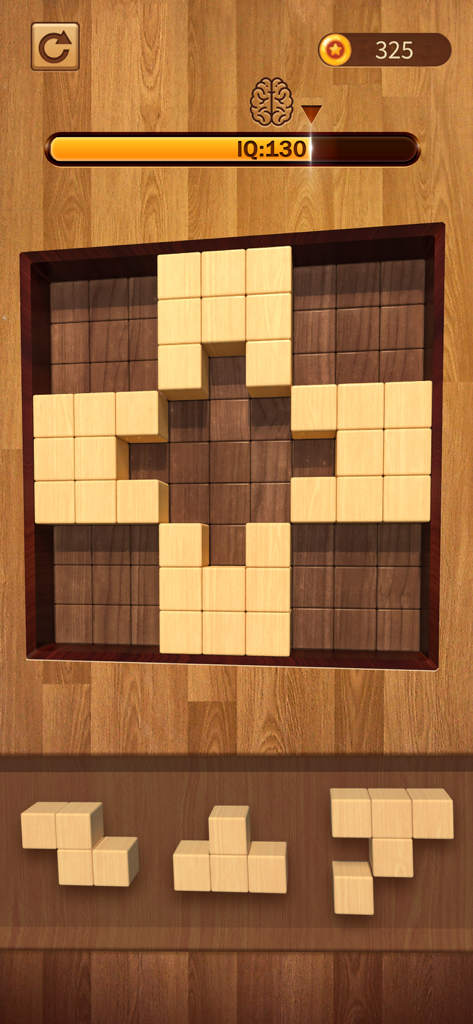 Wooden block puzzle game interface showing pieces on a grid with an IQ progress bar