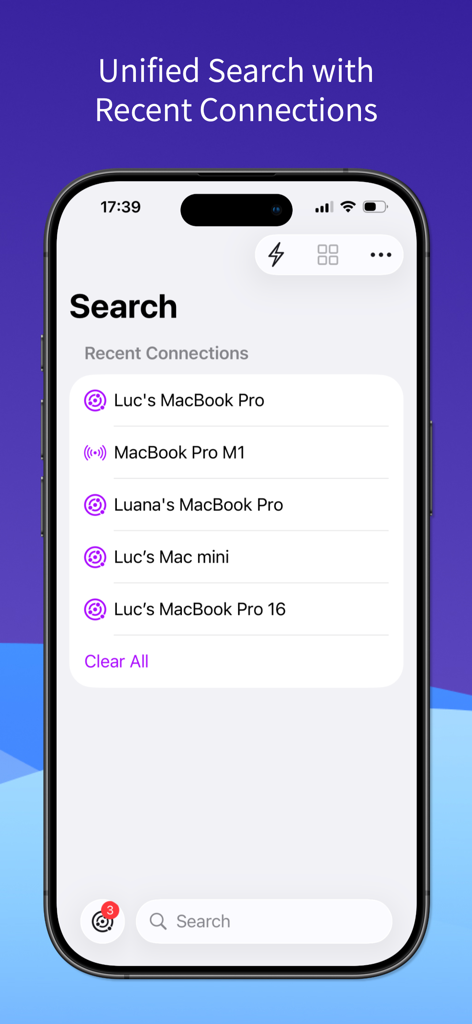 Interfaz de la aplicación Screens 5 que muestra la búsqueda unificada y las conexiones remotas recientes en un iPhone.