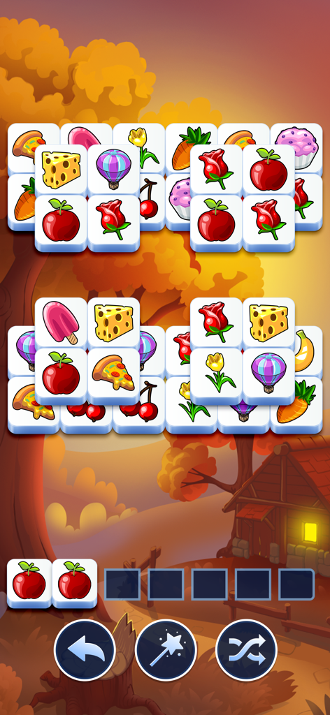 Tile Club - Matching Game - Ein entspannendes Kachel-Matching-Puzzle-Bildschirm mit Lebensmitteln und Blumensymbolen vor einer gemütlichen Herbstlandschaft.