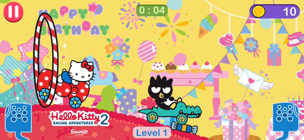 Hello Kitty car games for girl - Hello Kitty and Bad Badtz Maru racing cars in a birthday themed game level