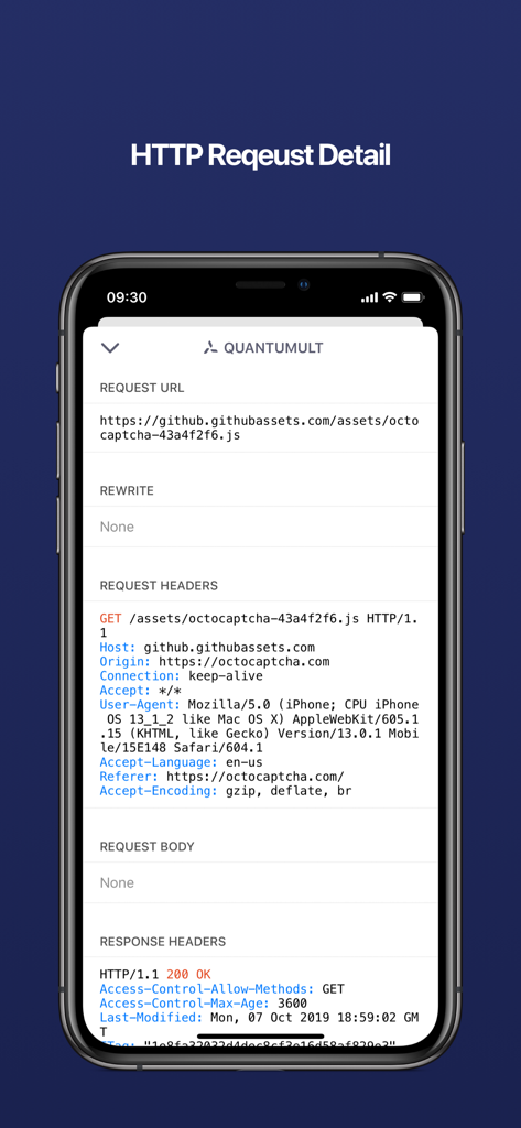 Quantumult X interface displaying detailed HTTP request and response headers for networking analysis.