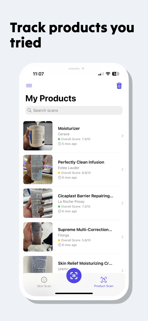 Skincare Scan - Sana - 사나 앱 인터페이스가 이전에 스캔한 스킨케어 제품 목록과 안전 점수를 표시합니다.