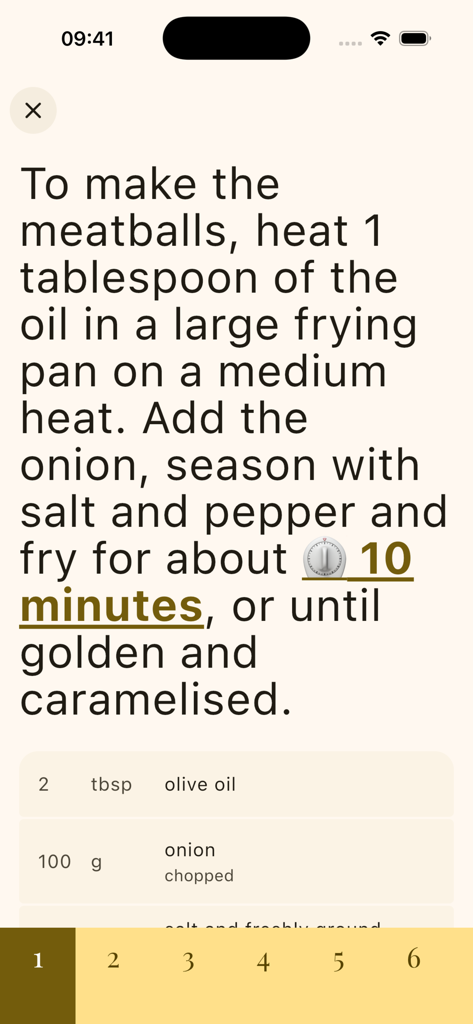 kitshn (for Tandoor) - A recipe instruction screen in the kitshn app showing step one of a meatball recipe with an integrated timer.