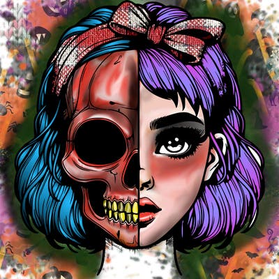 realistic girl with half skull mask