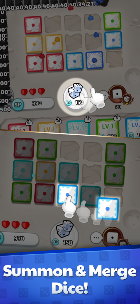 Una captura de pantalla del juego que muestra cómo invocar y fusionar dados de colores en Random Dice Defense