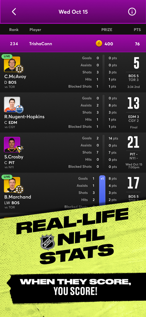 A live leaderboard in the NHL Fantasy Stars app showing real-life player stats and fantasy points scoring during actual NHL games.