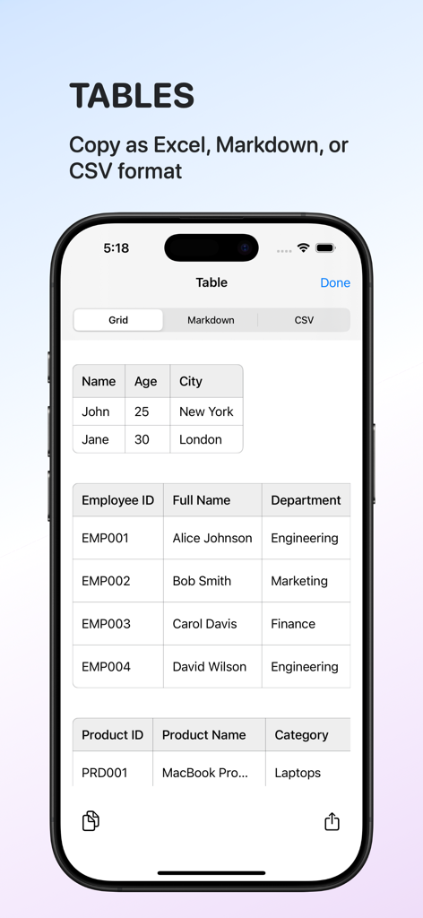 Scan.AI - AI Scan & Format - Scan.AI app interface showing the conversion of printed tables into digital formats like Excel, Markdown, and CSV.